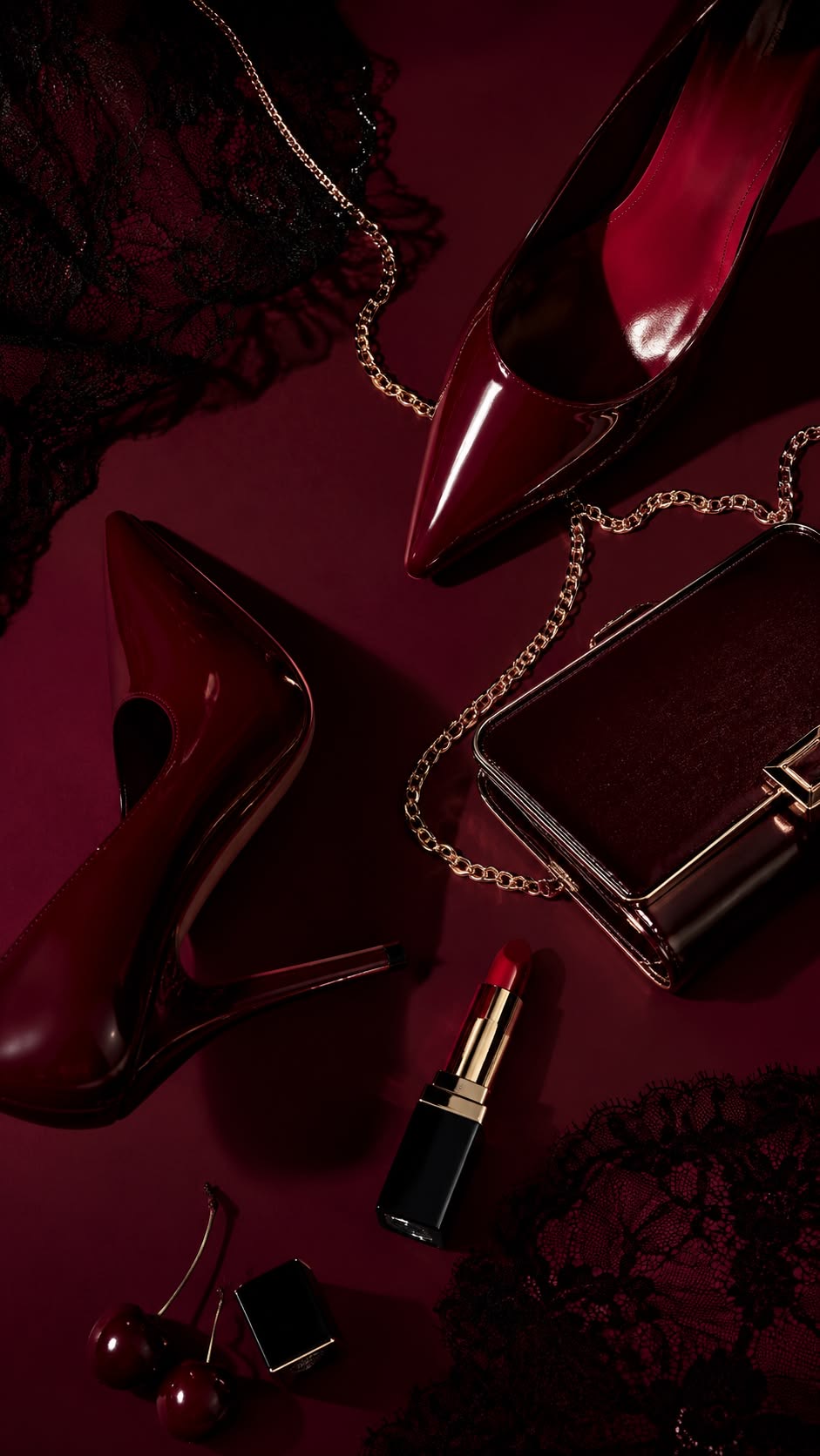 A styled still life in deep red at the Mondays studio